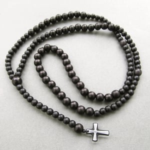 Image of Black Wooden Beaded Rosary With Small Crystal Cross