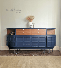 Image 1 of Large Mid Century Luxury Sideboard Nathan | Curved Teak Sideboard Blue | 4 Walnut Drawers 