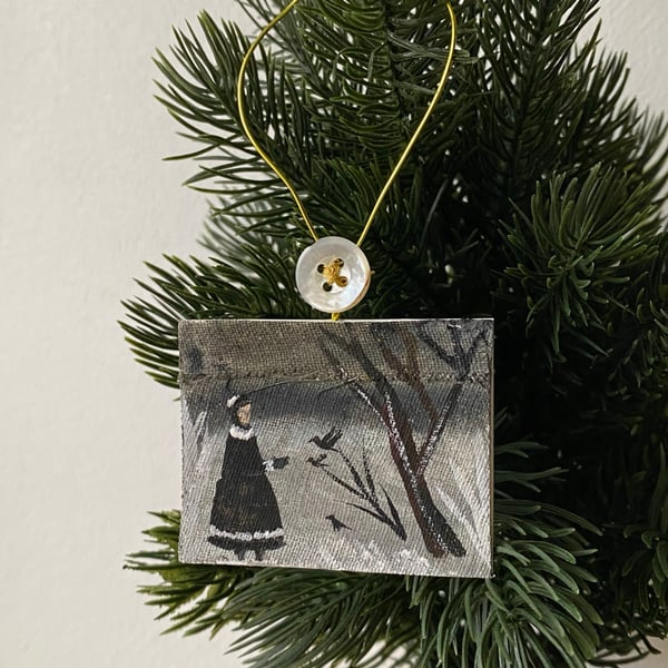 Image of Woman in winter landscape with birds - miniature painting 