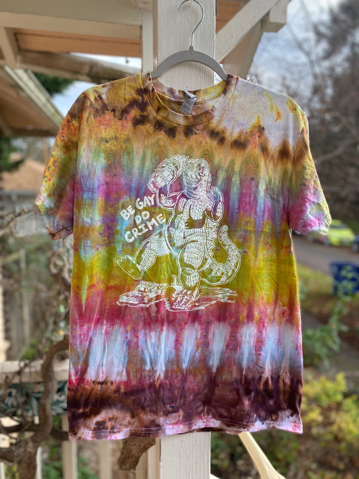 Image of MEDIUM Godzilla Be Gay Do Crime Tie Dye Shirt 7