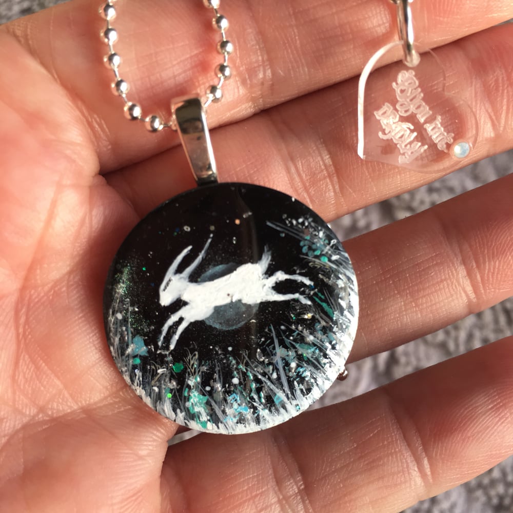Leaping Hare in Winter Field Resin Pendant