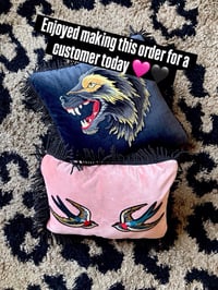 Image 17 of Pink Velvet Swallow Patch Cushion With Gold or black Fringe