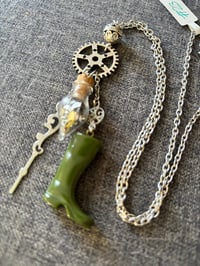 Image 1 of Steampunk repurposed necklace with gear and green boot