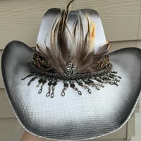 Image 1 of White/Black Cowboy Hat Leather, Chain and Feather Band