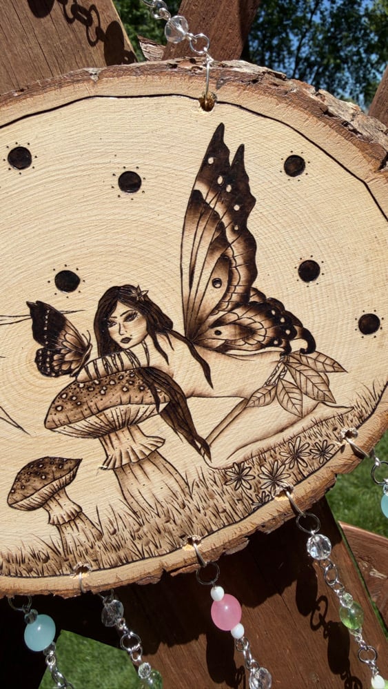 Image of sun fairy hanging beaded wood art 