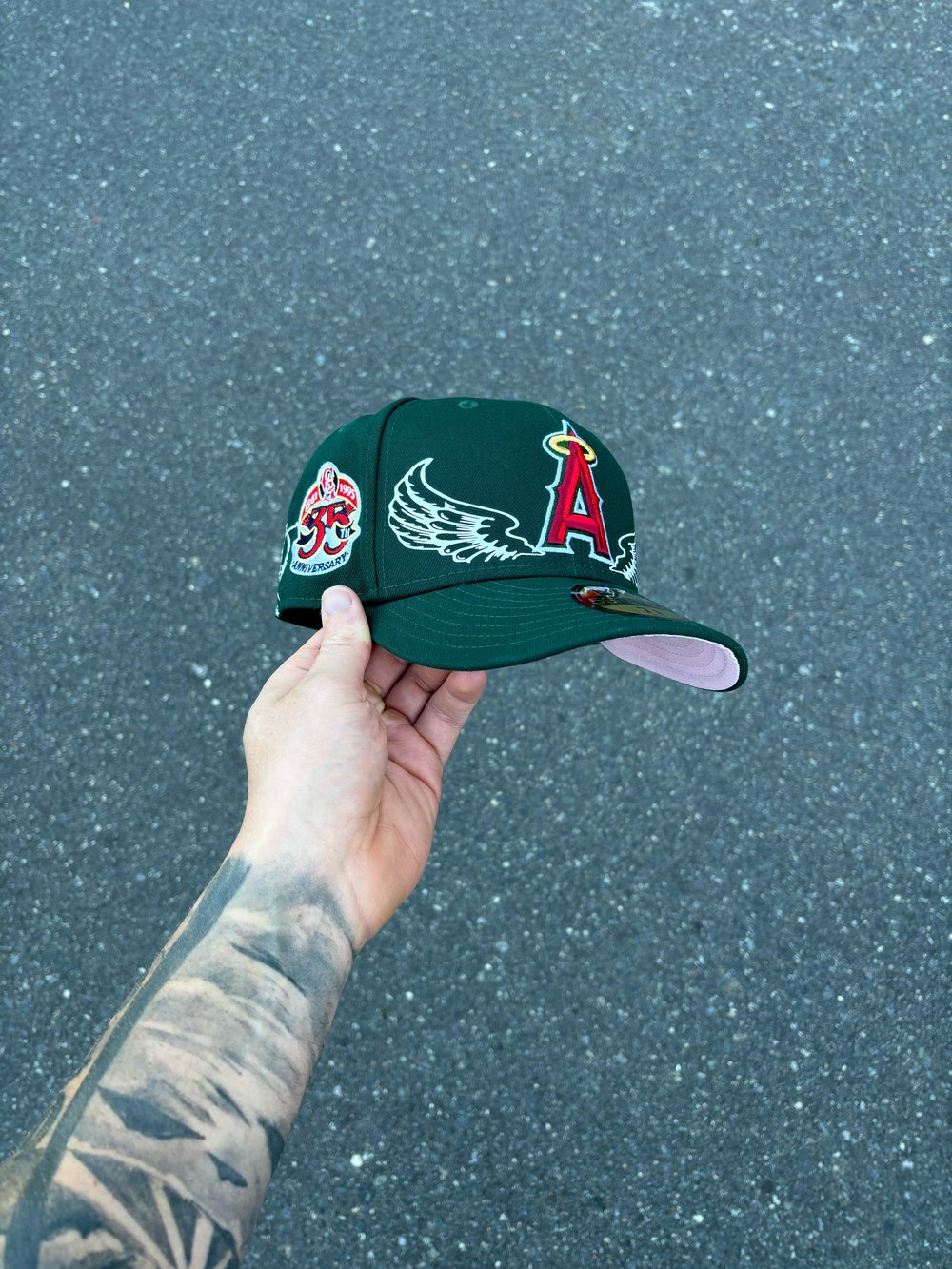 Image of  PINK BRIM FOREST GREEN ANEHEIM ANGELS CUSTOM FITTED CAP