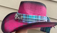 Image 2 of 2 Tone Hot Pink/Black Cowboy Hat Plaid Band w/Crystal Flowers