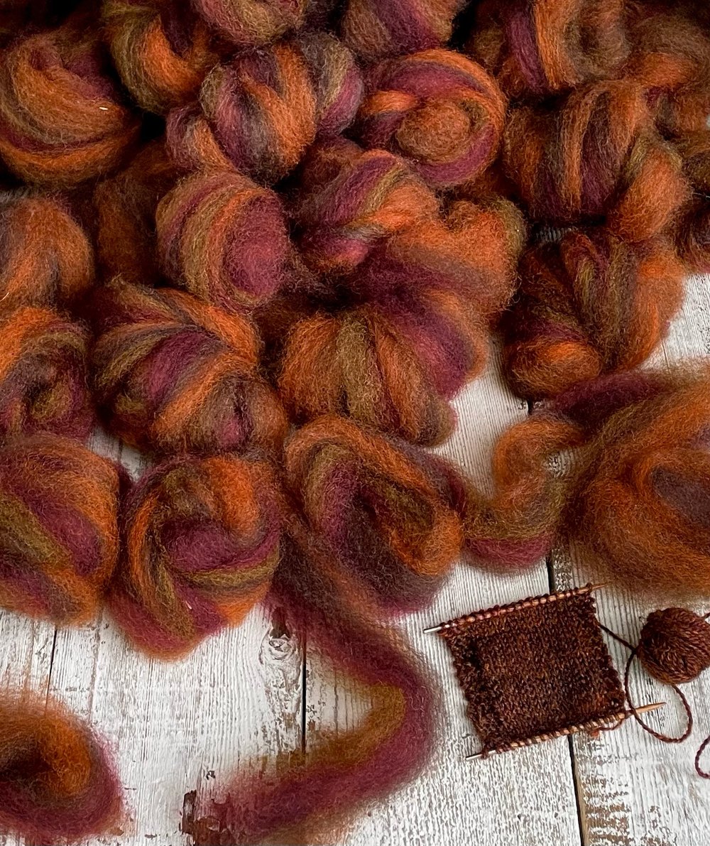 4 oz. • Pumpkin Spice roving: on Romney & Romney Hogget from Iron Water Ranch