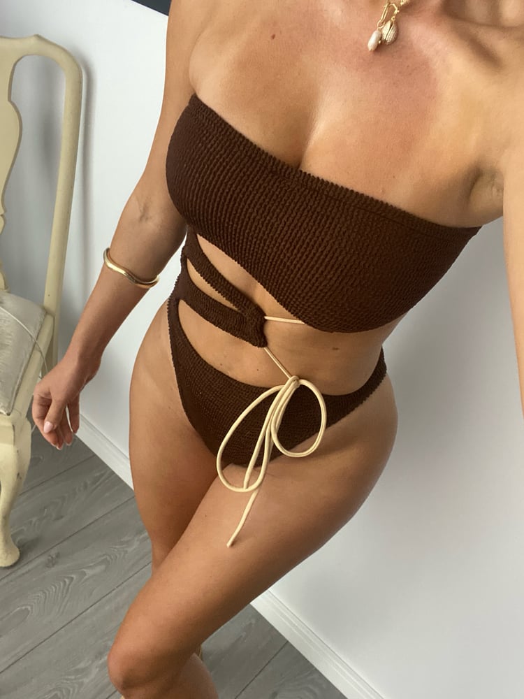 Image of Strapless Drawstring Cut Outs Onepiece In Chocolate Brown & Nude