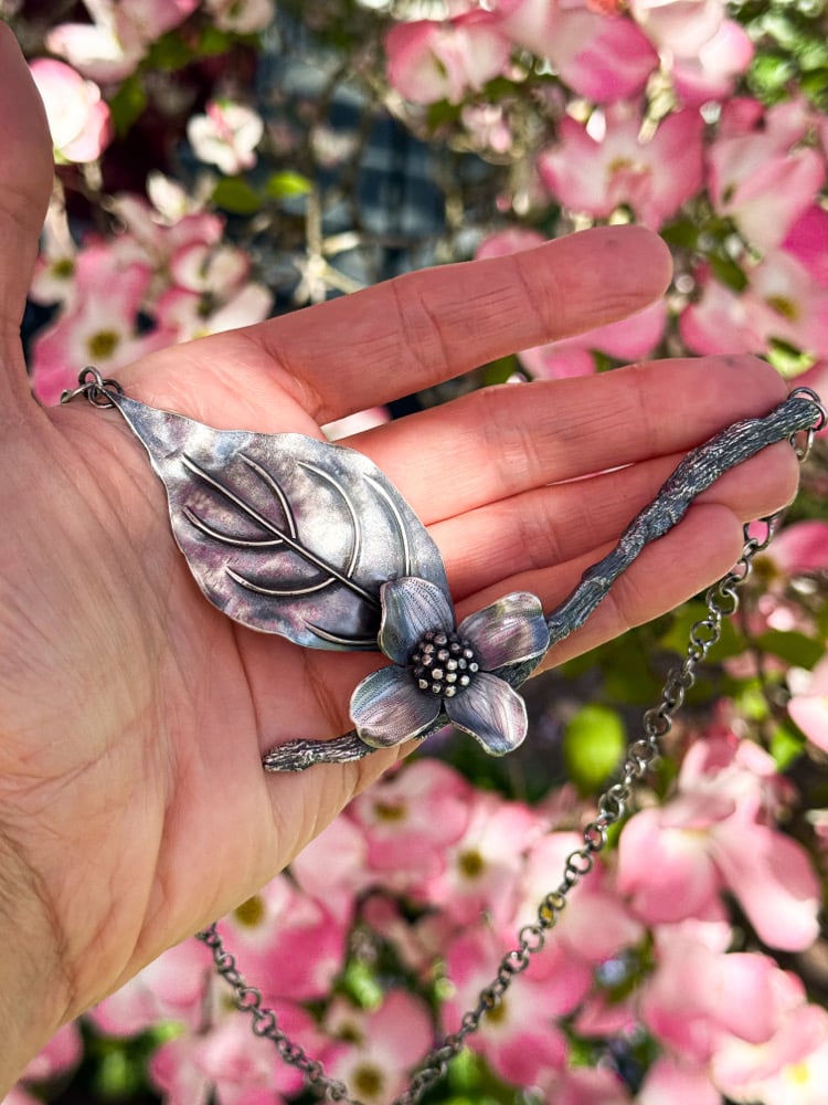 Image of Dogwood Flower Leaf Branch Necklace Handmade Chain