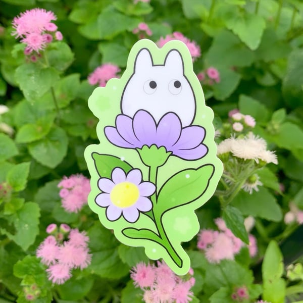 Image of MATTE Mini White Totoro & Purple Asters STICKER