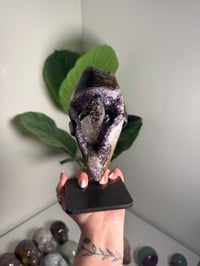 Image 2 of AMETHYST ON A CUSTOM STAND WITH A PERFECT SUGAR COATED CALCITE POINT -URUGUAY-