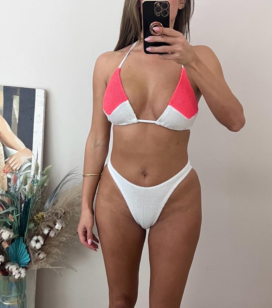Image of White & Coral Crinkle Patchwork Bikini