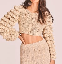 Image 1 of LOVE SHACK FANCY beige crochet long sleeve crop ruffled sweater cardigan