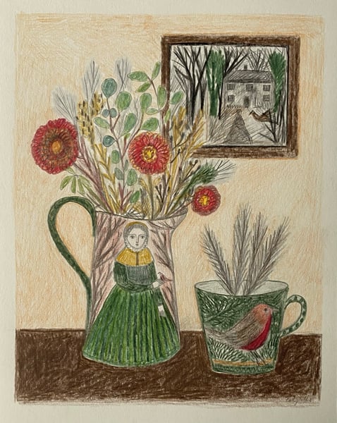 Image of Green lady jug and robin cup