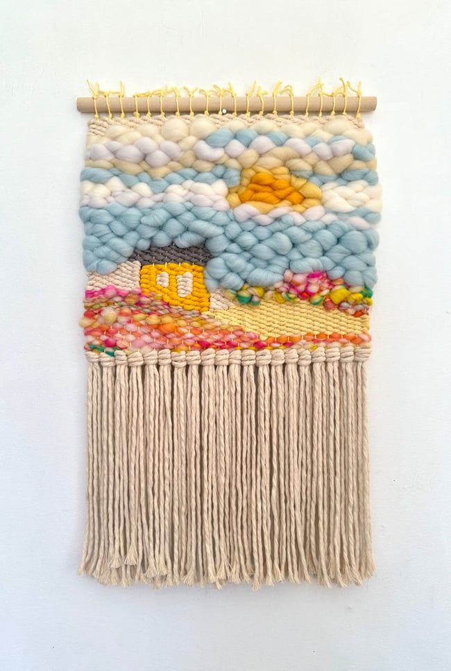 Little Yellow house & the candy mountains. Woven wall hanging.