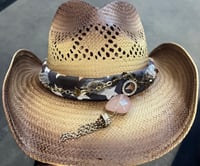 Image 1 of 2 Tone Brown Cowboy Hat Red/White/Blue Bandanna & Crystal Band