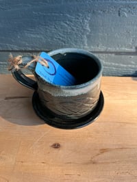 Image 2 of M49 Small Mug Black Speckles With Pinkish Blue Lip +Saucer