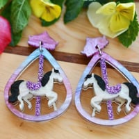 Image 2 of Princes Street Carousel Horse Earrings - White And Purple 