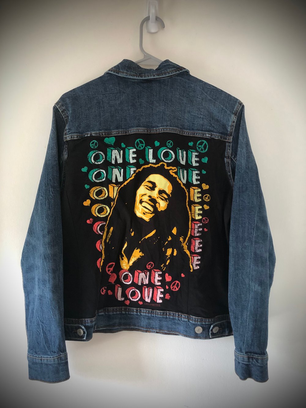 Upcycled “Bob Marley: One Love” denim jacket
