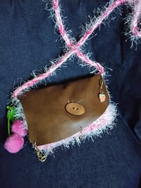 Image 1 of Brown leather crossbody bag with crocheted front 