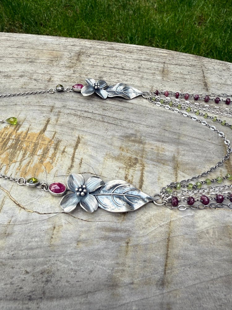 Image of Multi-Strand Dogwood Flower Long Draping Statement Necklace