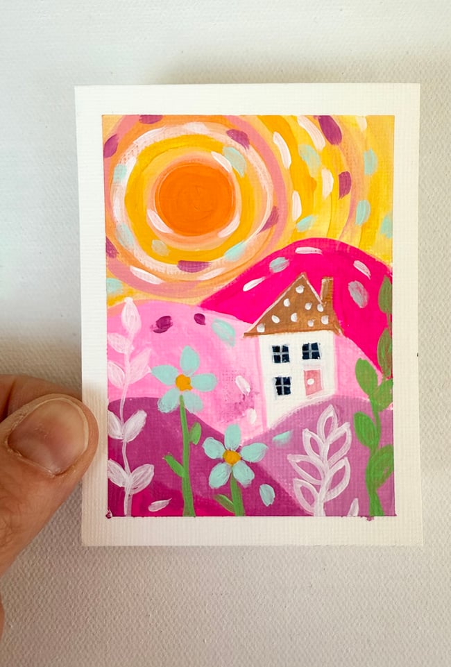 Two little flowers fell in love with the sun. Original mini painting