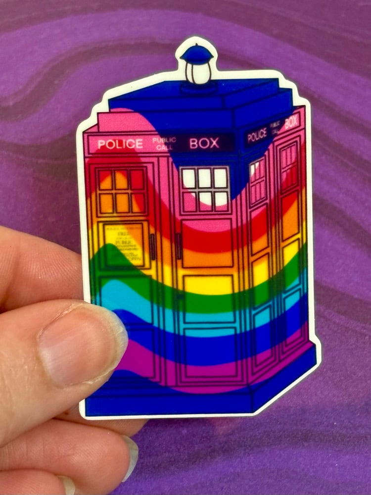 Image of Gilbert Baker Pride Tardis Sticker