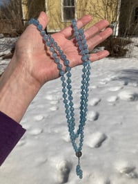 Image 9 of Aquamarine Mala with Labradorite Guru Bead, Aquamarine 108 Bead Japa Mala Hand Knotted Gemstone Mala