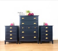 Image 1 of Navy Blue Stag Bedroom Furniture Set. Chest of drawers / Tallboy + 2 Bedside Cabinets 