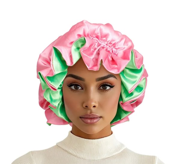 Image of Pink Green Satin Sleep Bonnet Cap