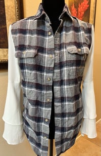 Image 4 of Vintage Navy/Gray/White Flannel Shirt  White Bell Sleeves & Dragonfly’s