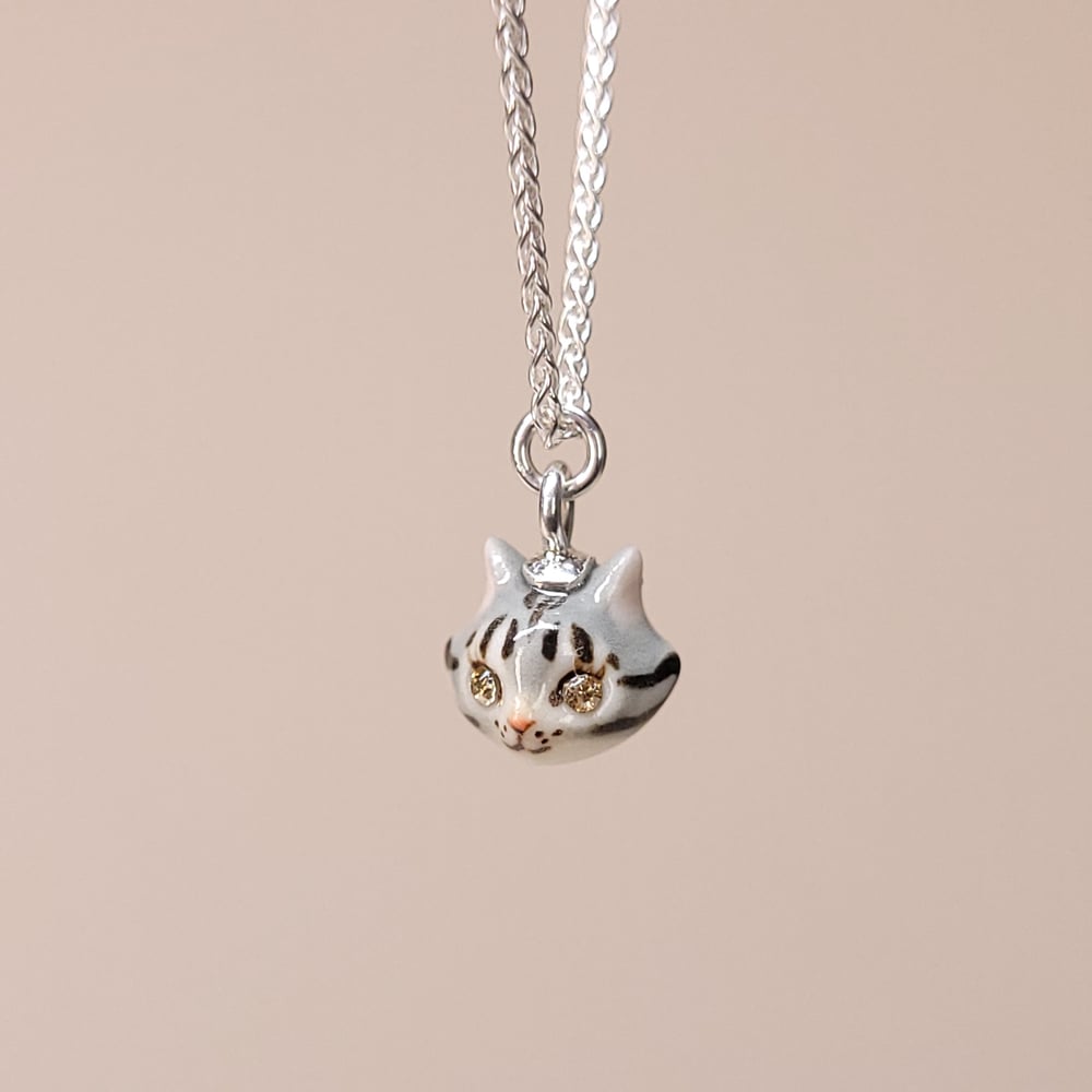 Image of Grey Tabby Porcelain & Sterling Silver Teeny Tiny Cat Pendant