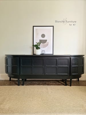 Image of Long Curved Nathan Sideboard in Black on Black wooden tapered legs