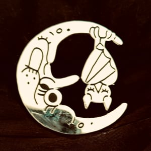 Image of 2” silver enamel bat and moon pin