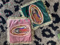 Image 11 of Pink Velvet Cushion with Virgin of Guadalupe appliqué patch