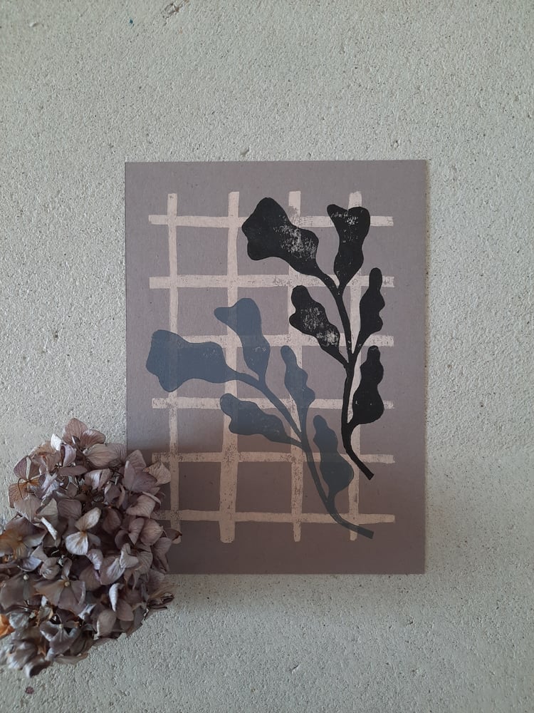 Image of Linoldruck FLOWERS grey beige black