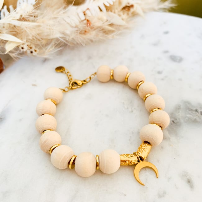 NINON | Bracelet perles bois pendentif lune