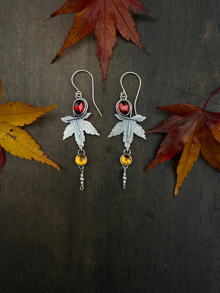 Image of Japanese Maple Leaf Garnet Citrine Dangle Earrings