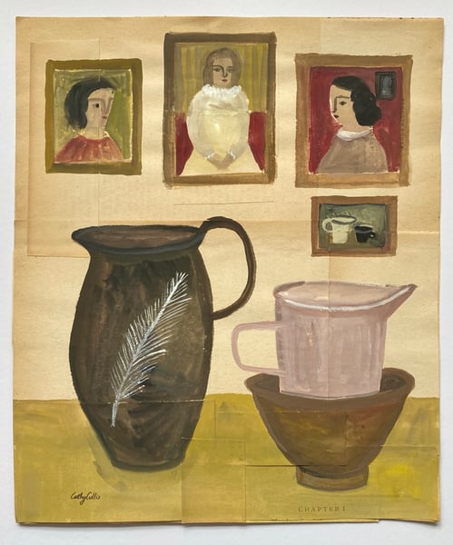 Image of still life with feather pitcher and portraits