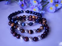 Image 2 of Black Blue Tiger Eye /Sterling Silver Bracelet/ Men  Stretch Bracelet
