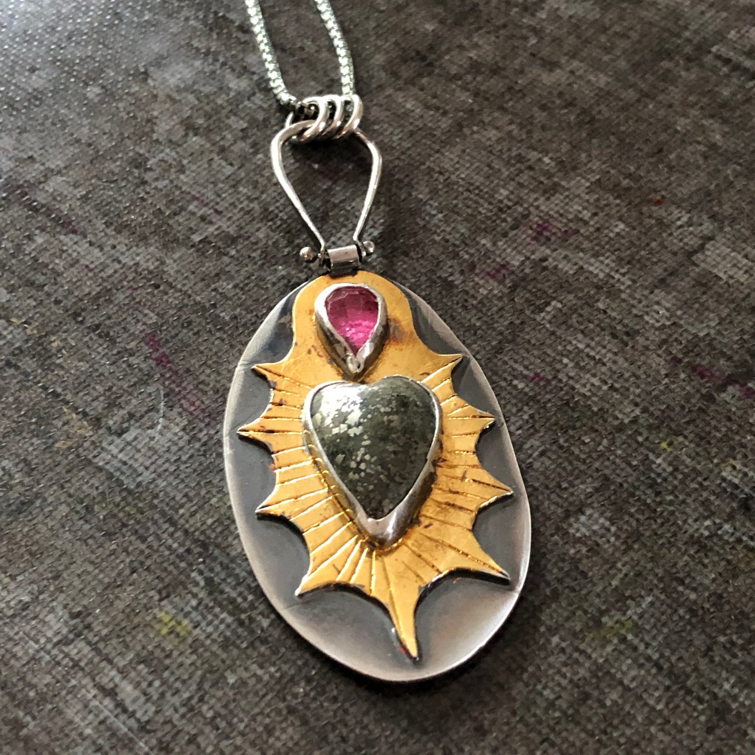 Image of Pyrite Heart with Pink Tourmaline Flame & Gold Foil Pendant
