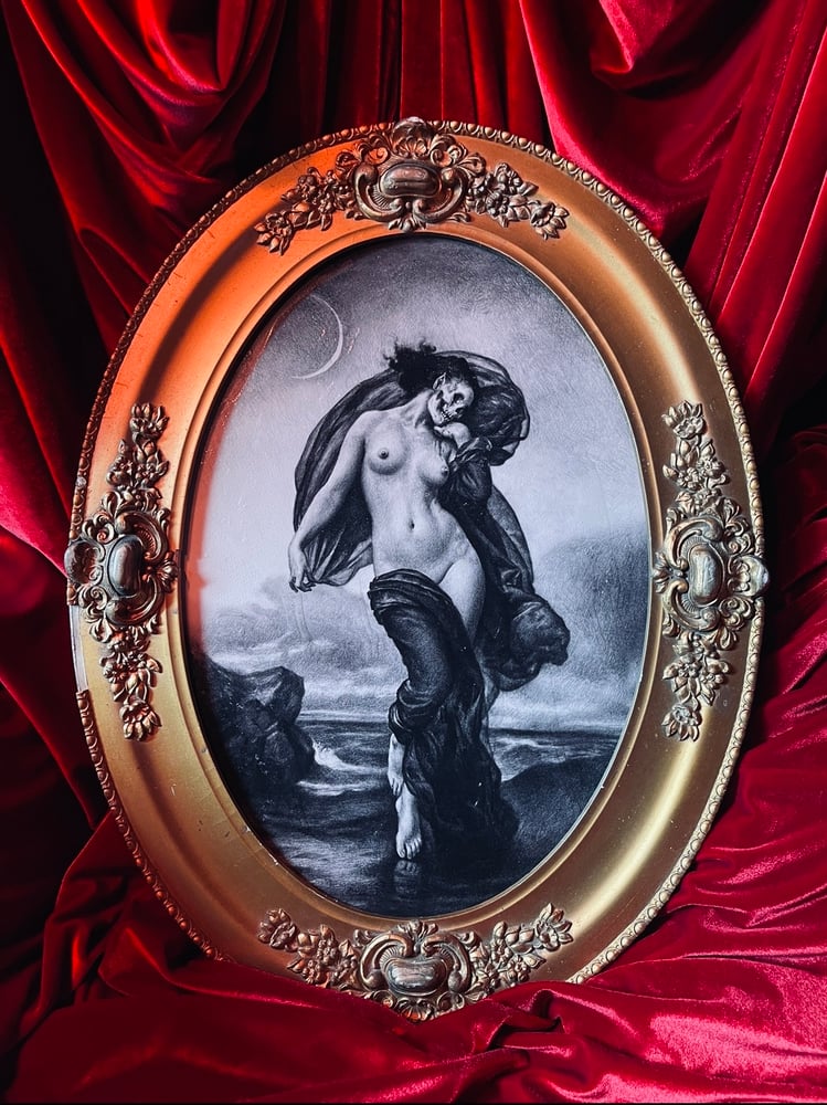 Image of ‘SHE LOVES ME NOT’ - HAND EMBELLISHED PRINT IN ANTIQUE 19TH-CENTURY FRAME - 19 x 13 in { 1 / 1 }