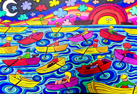 Image of Boats on Water Illustration 14x18 inches ORIGINAL 