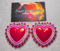 Image 2 of Hand Painted/Polished Hot Pink Heart Beaded Earrings 