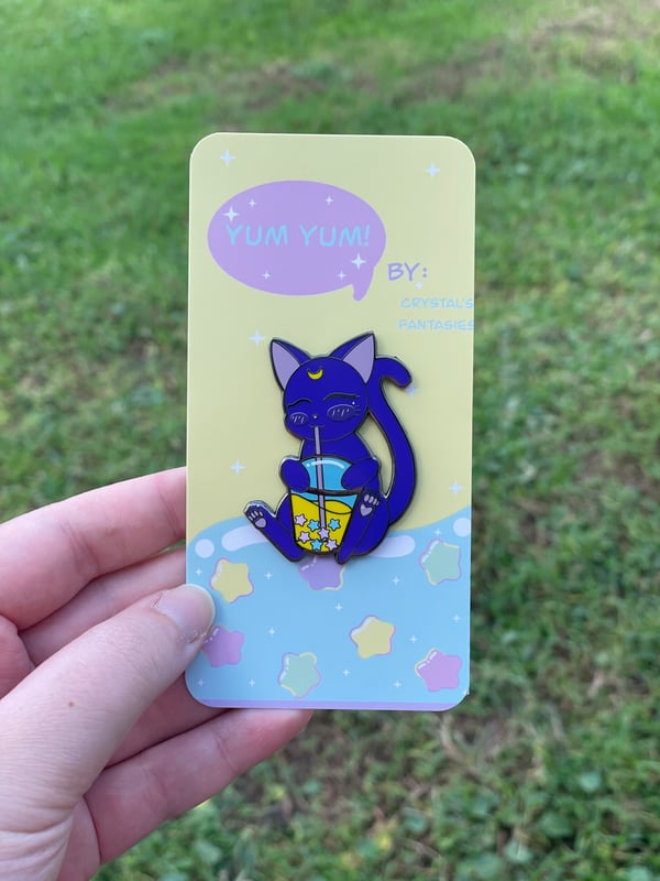 Image of Black Kitty Drinking Boba Enamel Pin