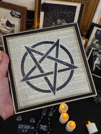 Image 1 of "Pentagram" 1800's bible page with preserved spider web - Black frame 1