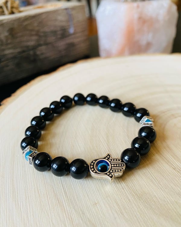 Image of “Completely Protected” 8mm Black Tourmaline & Evil Eye Hamsa Bracelet