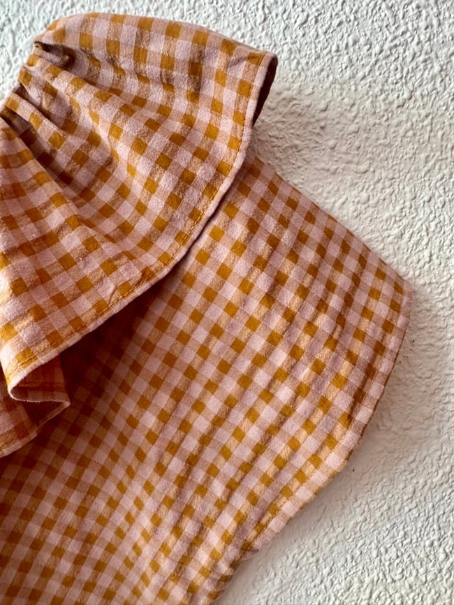 MUSTARD AND PINK VICHY SEERSUCKER HUIPIL WITH RUFFLE