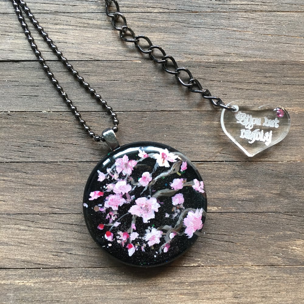 Cherry Blossom on Black Abstract Resin Pendant